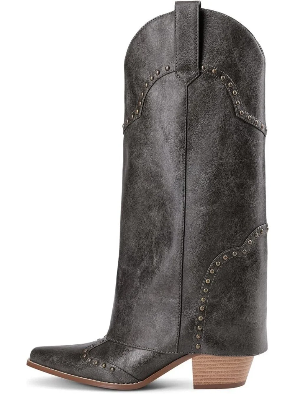Women's Grey Shark Boots Knee High Cowboy Cowgirl Fold Over Chunky Heel